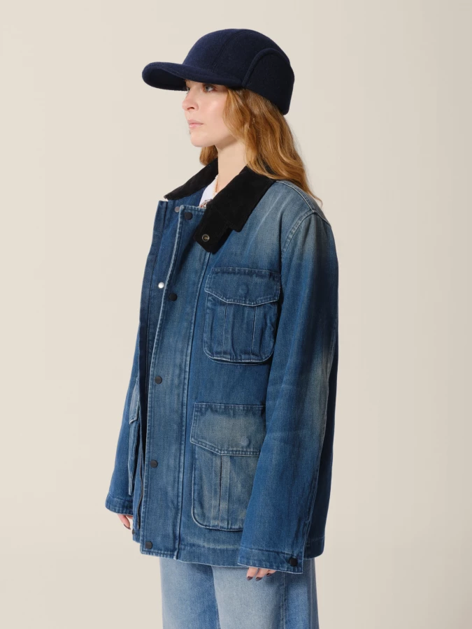 Giacca Blu Scura 'Outdoor' in denim dritta con tasche cargo