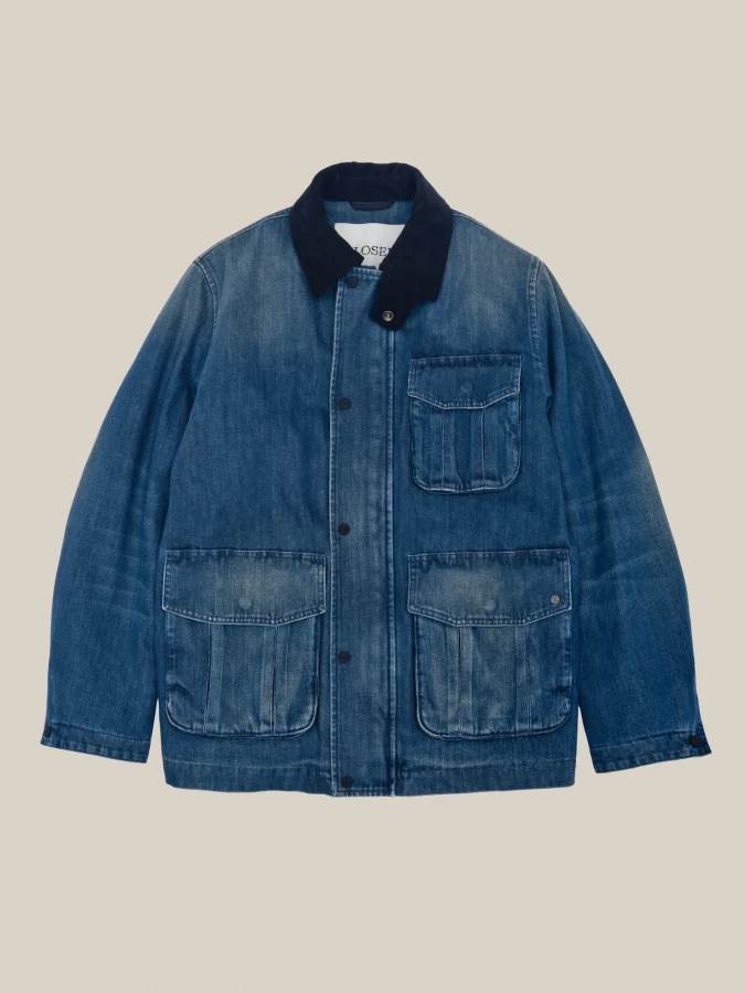 Giacca Blu Scura 'Outdoor' in denim dritta con tasche cargo