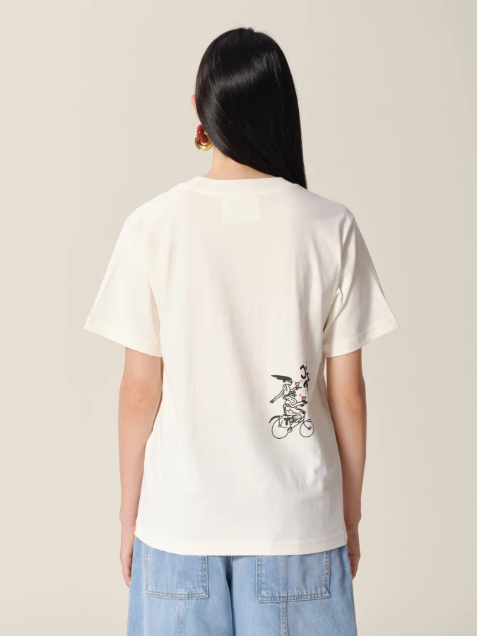 T-shirt Avorio 'Pedal Pusher Club' in jersey di cotone organico con stampa