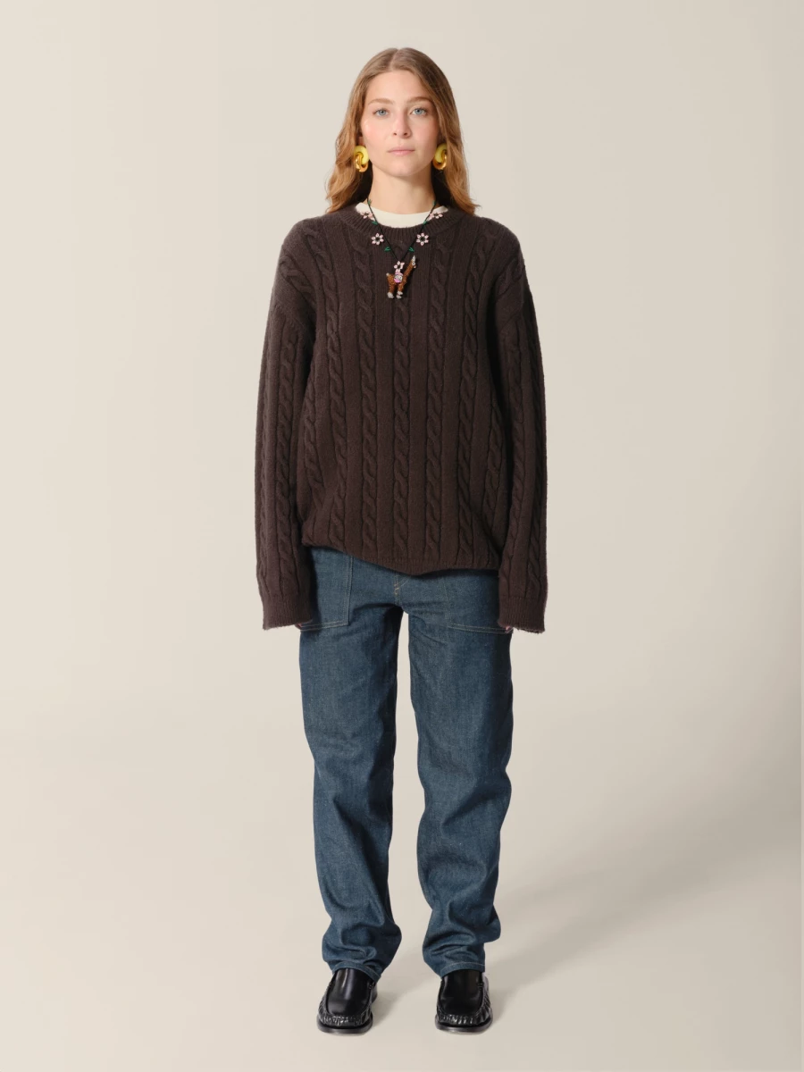 Maglione Grigio Scuro 'Cable' Girocollo in cotone organico