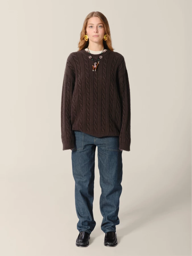 Dark Grey Cable Knit Organic Cotton Crewneck