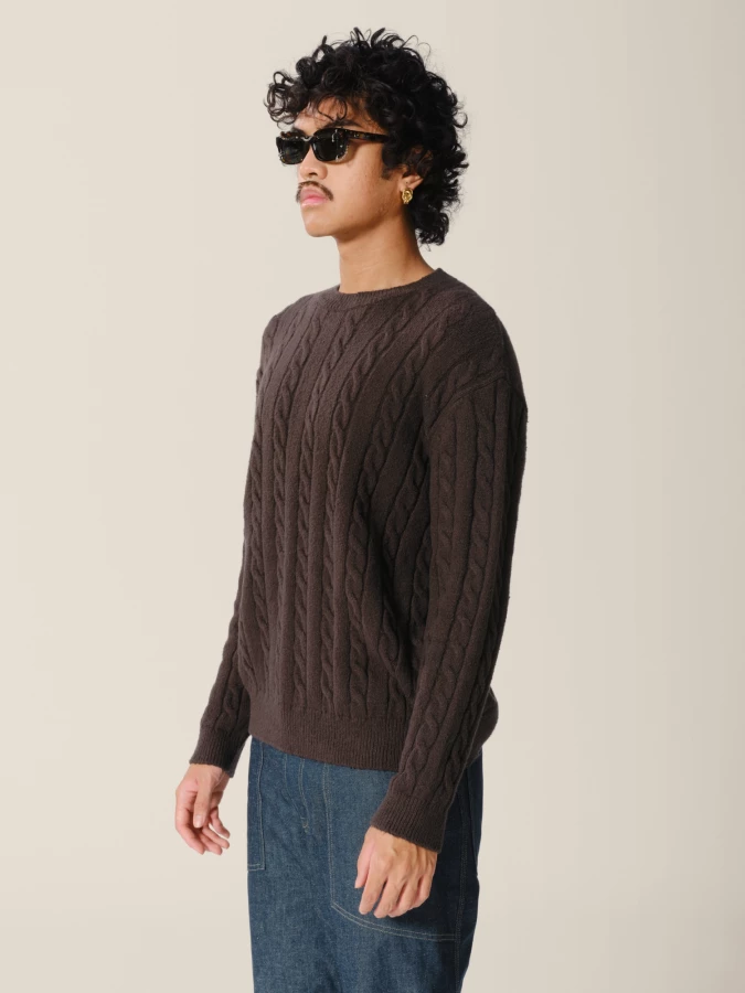 Dark Grey Cable Knit Organic Cotton Crewneck