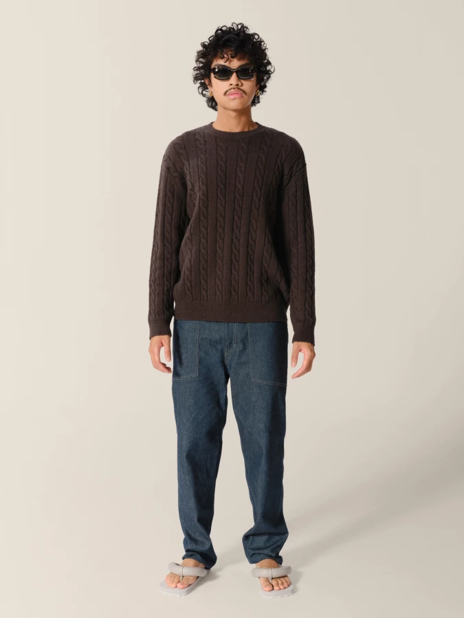 Dark Grey Cable Knit Organic Cotton Crewneck
