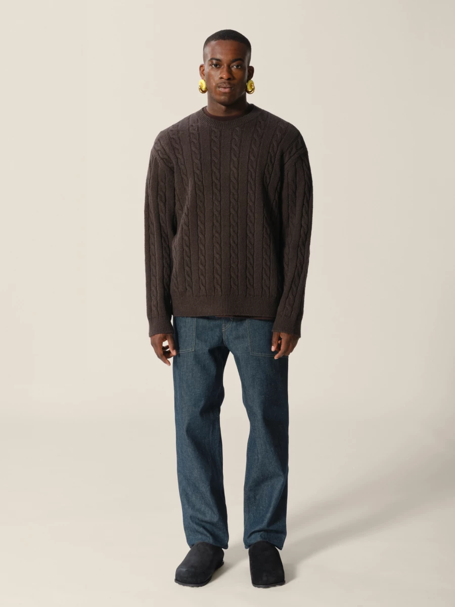 Dark Grey Cable Knit Organic Cotton Crewneck