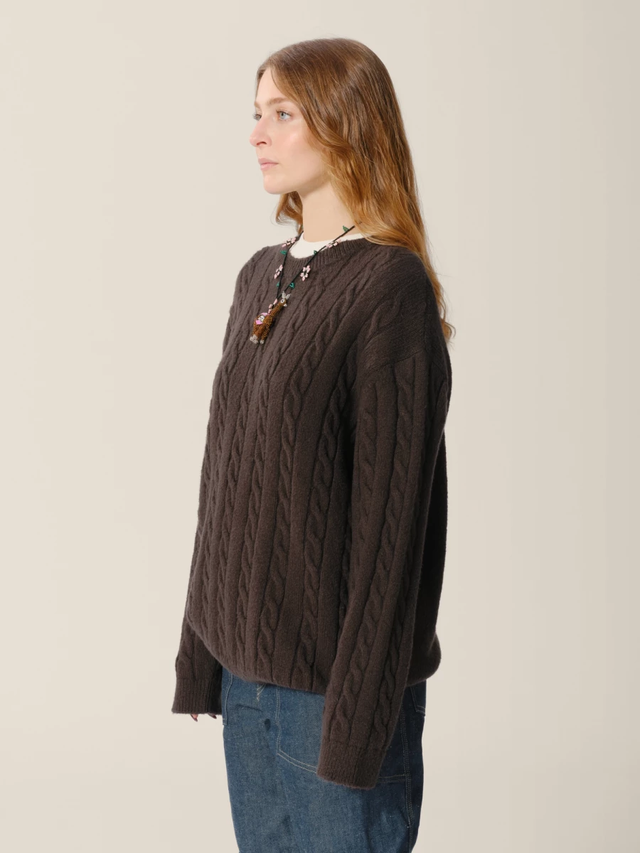 Dark Grey Cable Knit Organic Cotton Crewneck