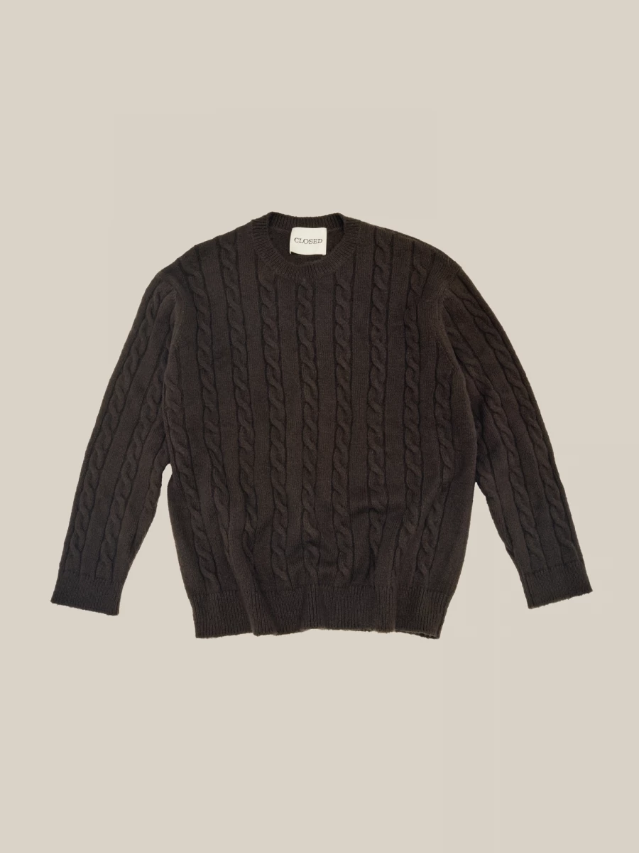 Dark Grey Cable Knit Organic Cotton Crewneck