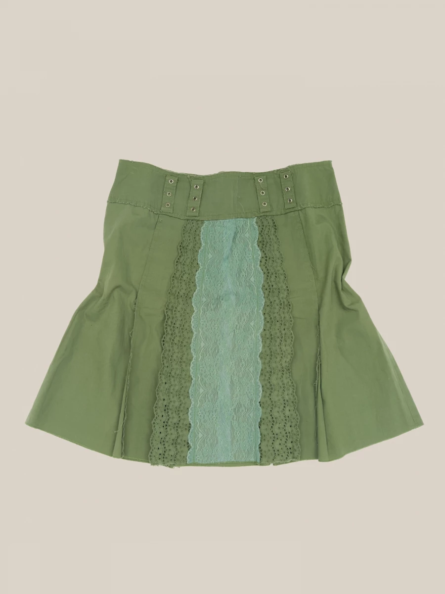 Olive green pleated skirt in pure cotton with lace details