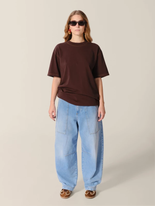 T-Shirt Marrone Girocollo in cotone con cuciture a contrasto 2