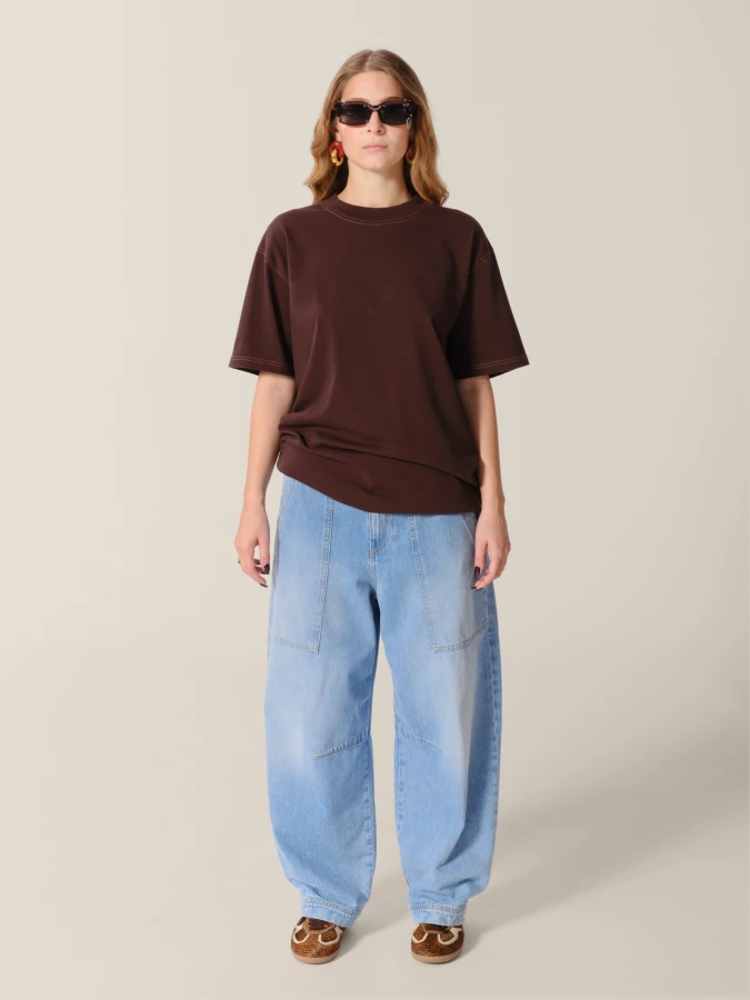 T-Shirt Marrone Girocollo in cotone con cuciture a contrasto