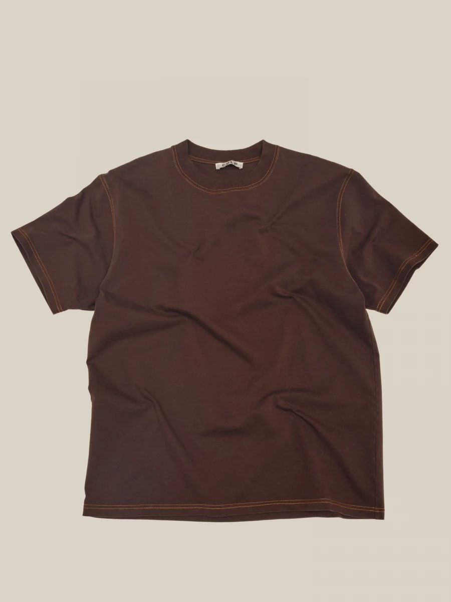 T-Shirt Marrone Girocollo in cotone con cuciture a contrasto