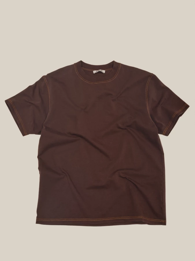 T-Shirt Marrone Girocollo in cotone con cuciture a contrasto