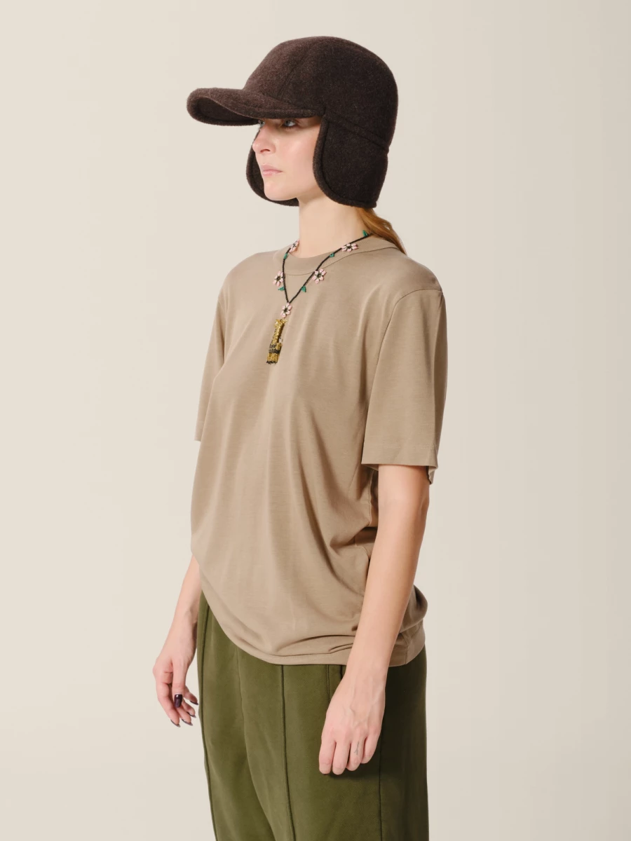 T-Shirt Beige Girocollo in misto cotone pesante