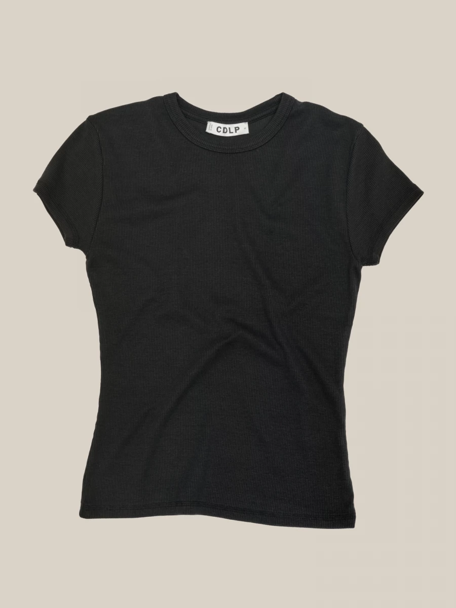 Black Stretch Rib Cotton Crewneck T-Shirt