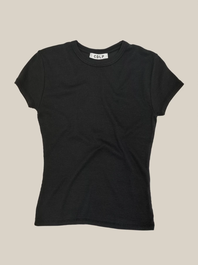 Black Stretch Rib Cotton Crewneck T-Shirt