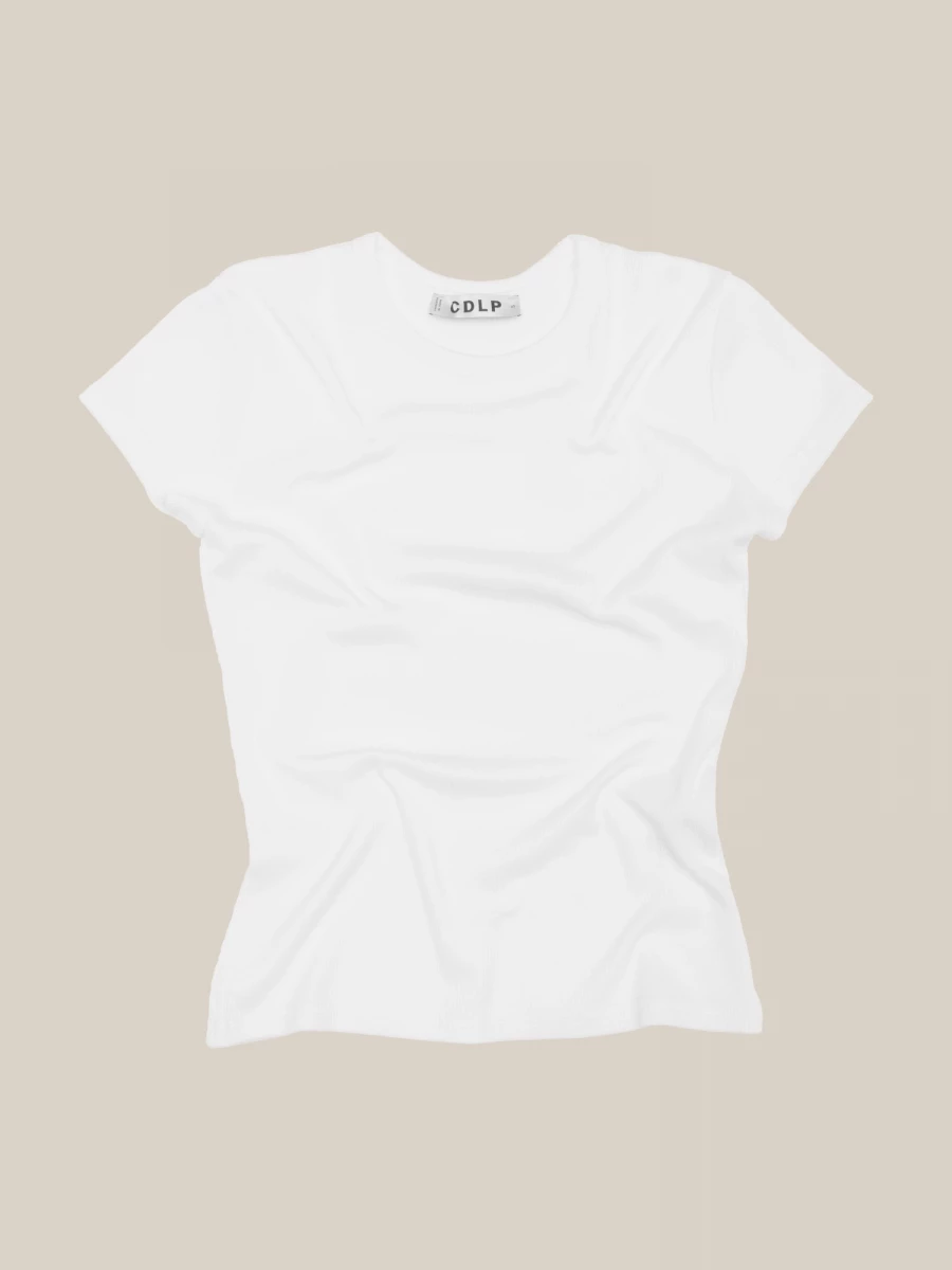 White Stretch Rib Cotton Crewneck T-Shirt