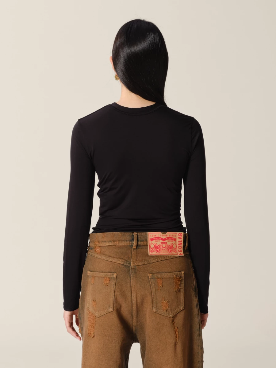 T-Shirt Nera a maniche lunghe Girocollo in misto cotone leggero