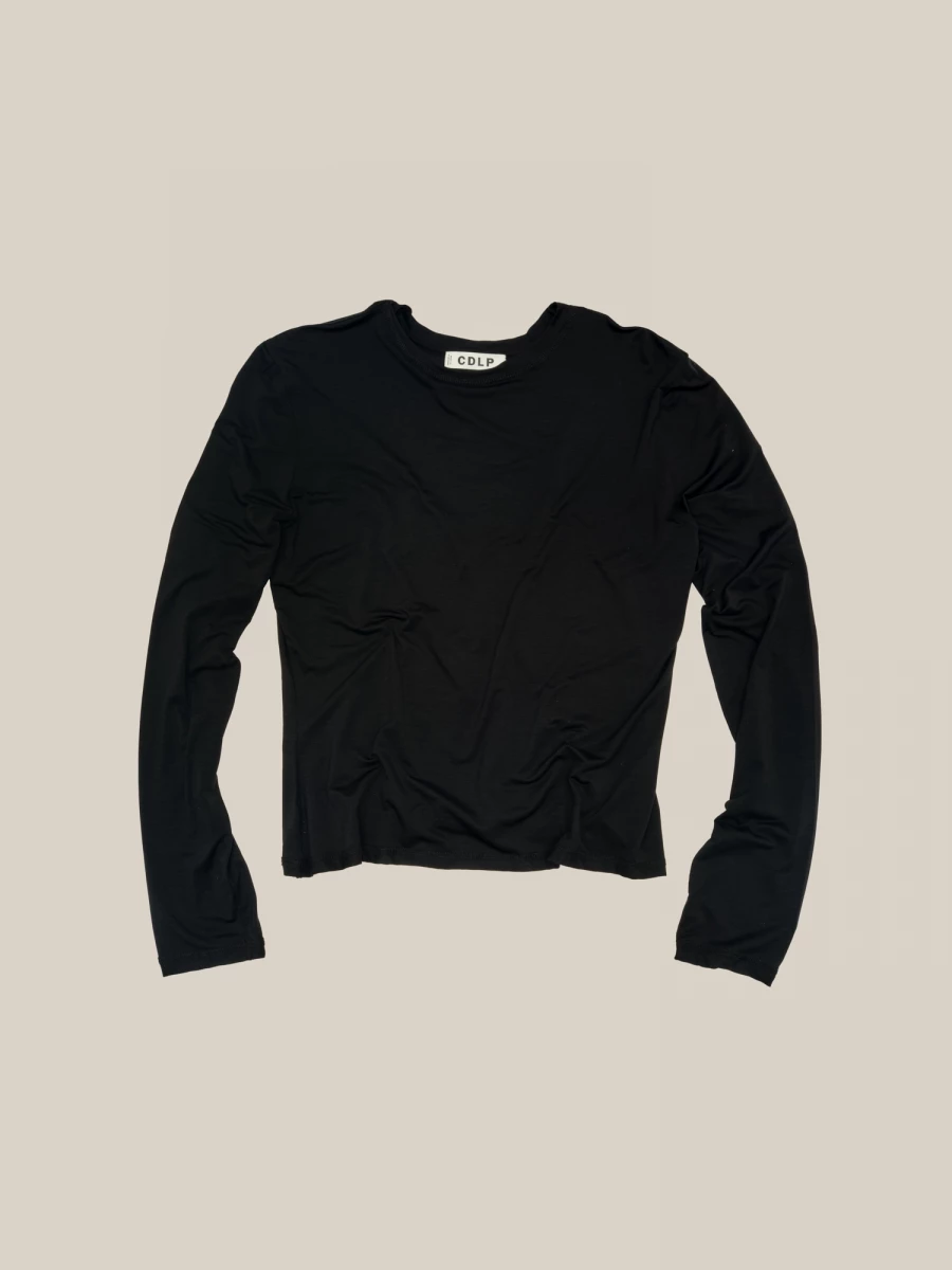 T-Shirt Nera a maniche lunghe Girocollo in misto cotone leggero