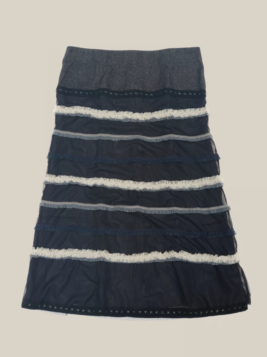 Dark Blue Mid-Length Skirt with tulle and beads details