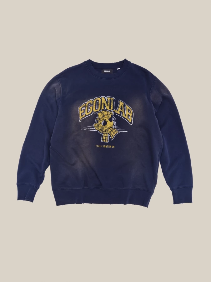 Felpa girocollo Blu Scuro 'Dragon' effetto consumato