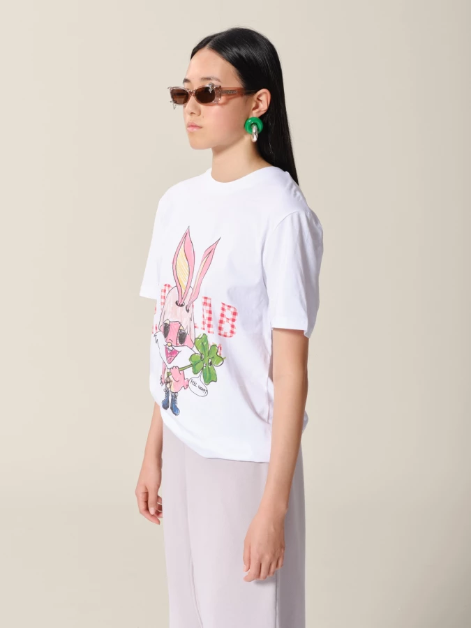 T-Shirt Bianca 'Lapinou' in cotone con stampa