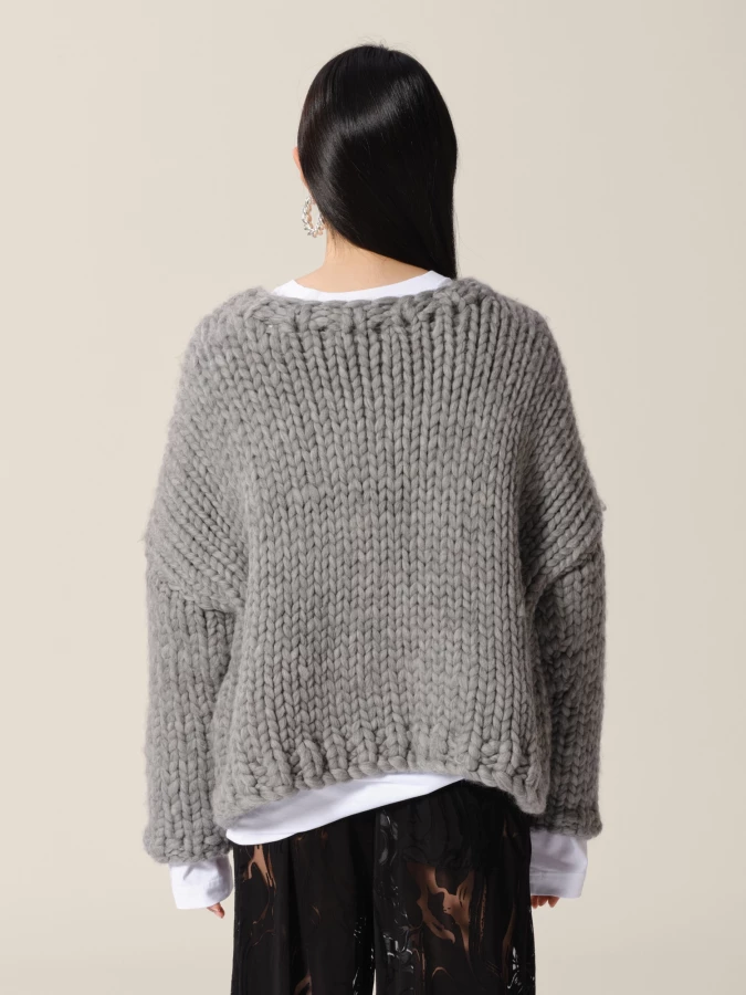 Maglione Girocollo Grigio 'Chunky Bow' con Fiocchi Rossi