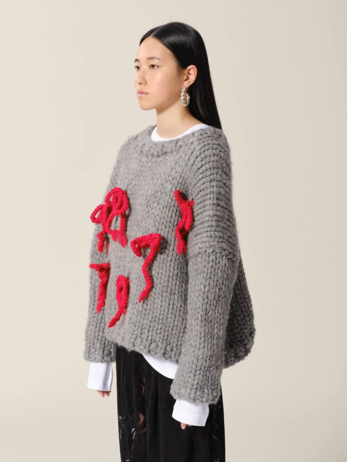 Maglione Girocollo Grigio 'Chunky Bow' con Fiocchi Rossi