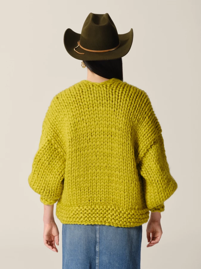 Cardigan Verde Oliva 'Block' Oversize in lana merino