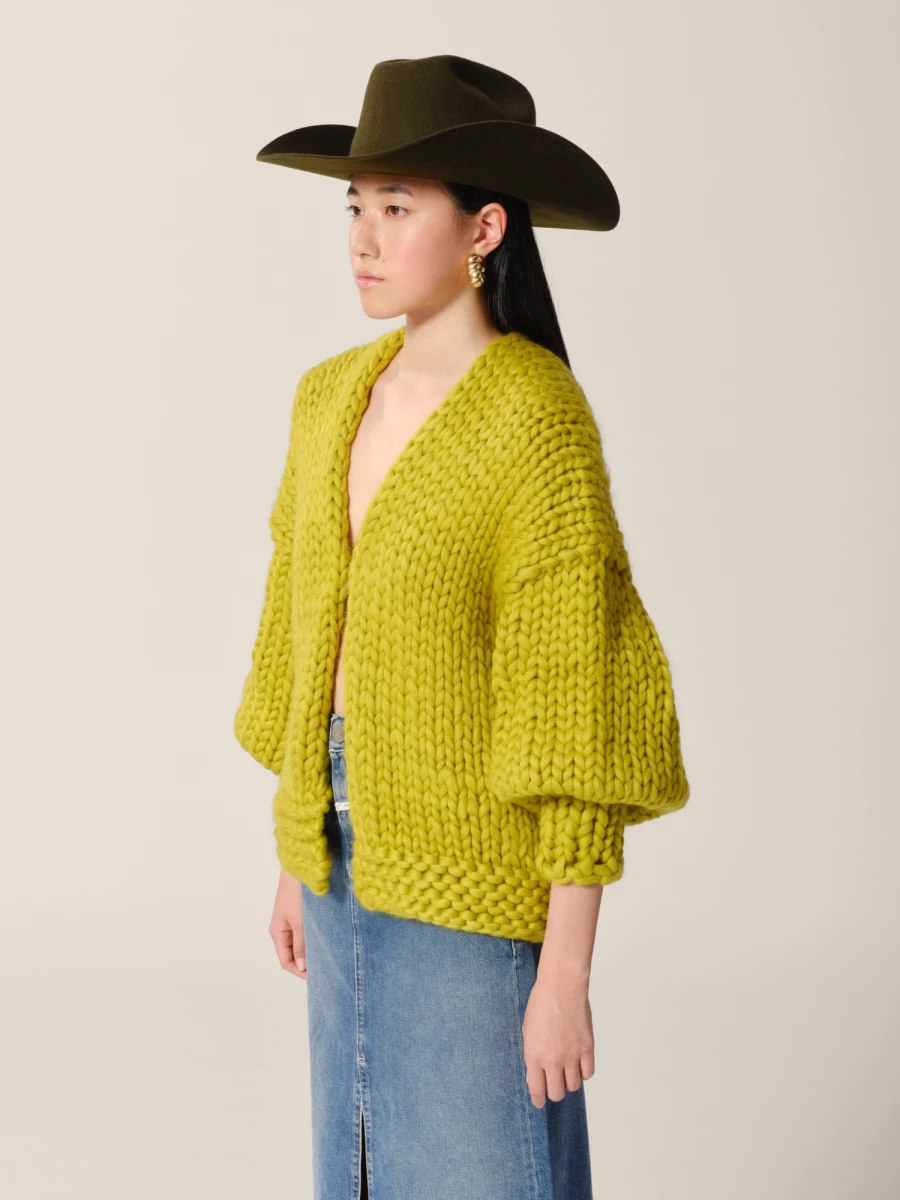 Cardigan Verde Oliva 'Block' Oversize in lana merino