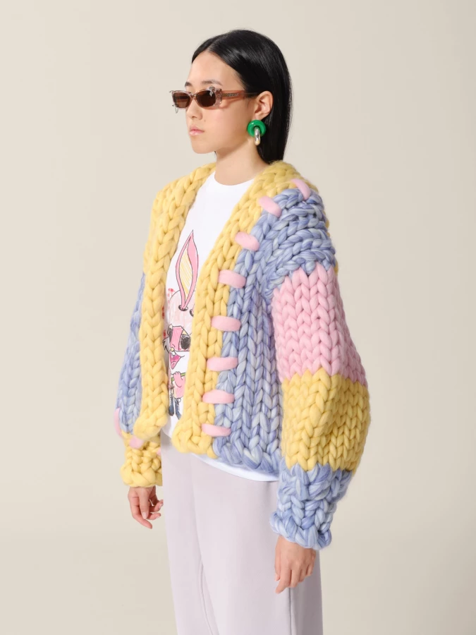 Cardigan Multi Colore 'Flounder Colossal' Oversize Crop in Lana Merino