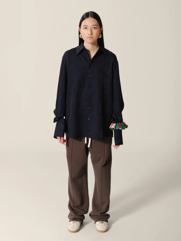 Dark Blue 'Midnight Fox' Musketeer Cuffs Fur Jacquard Shirt 2