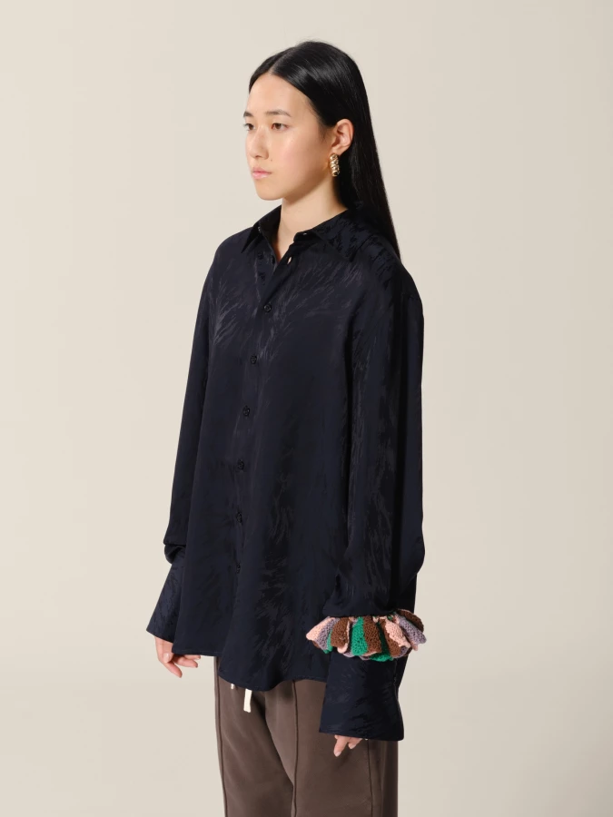 Dark Blue 'Midnight Fox' Musketeer Cuffs Fur Jacquard Shirt