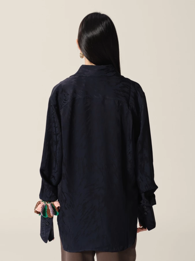 Dark Blue 'Midnight Fox' Musketeer Cuffs Fur Jacquard Shirt