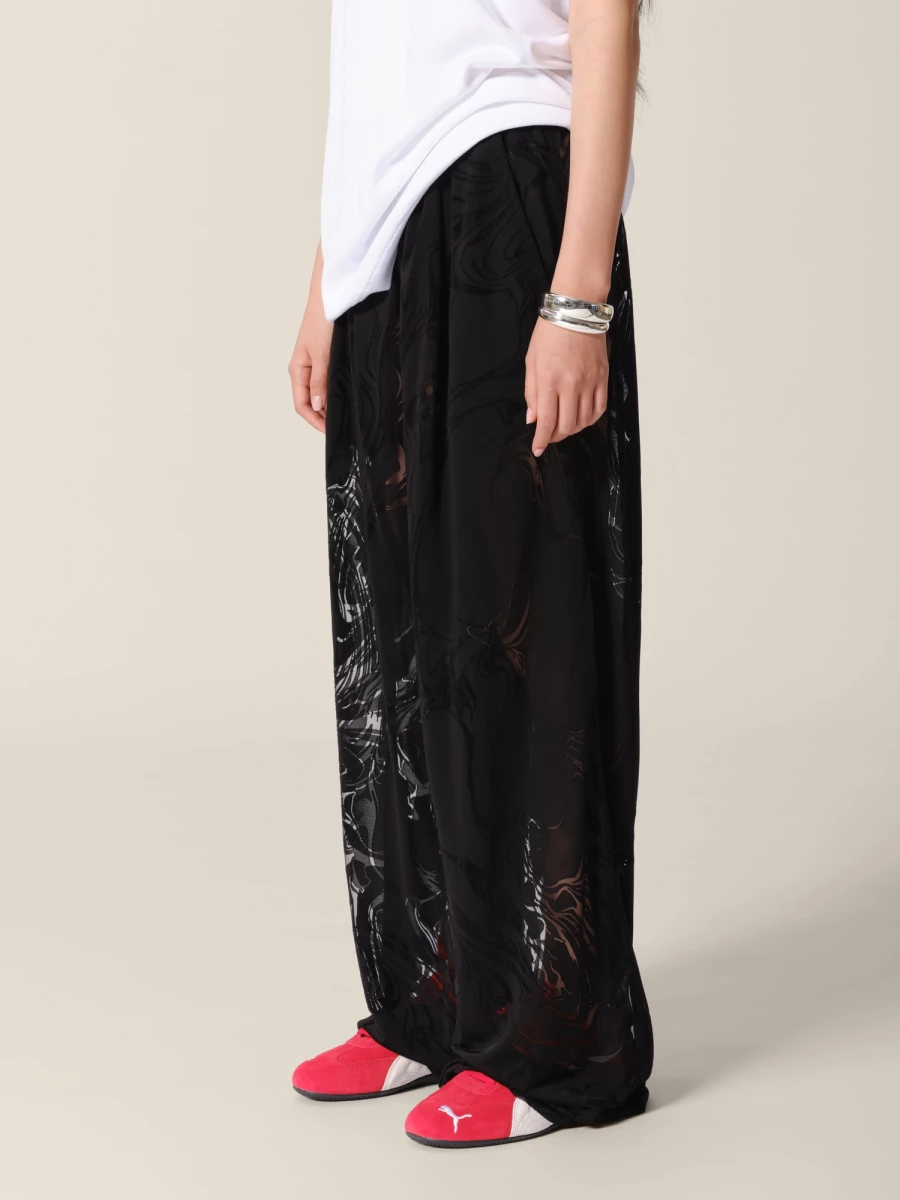 Black Elasticated Belt Devoured Marble Wide-Leg Trousers