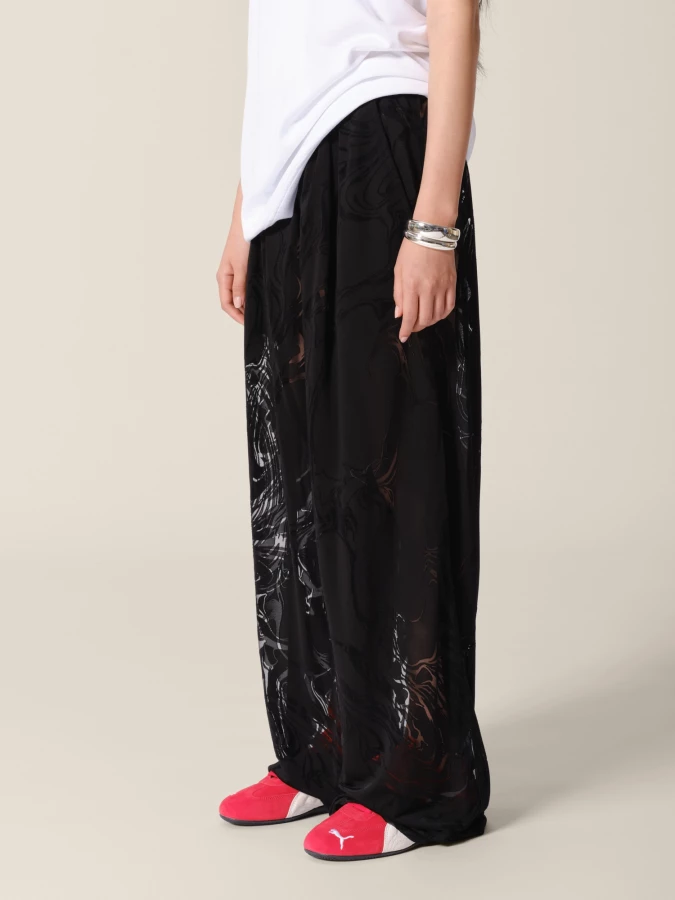 Black Elasticated Belt Devoured Marble Wide-Leg Trousers