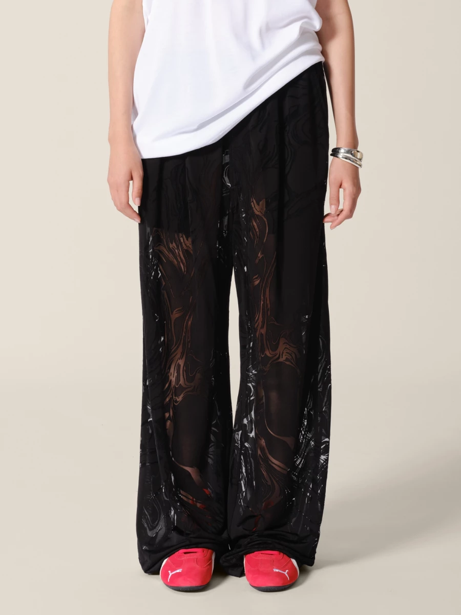 Black Elasticated Belt Devoured Marble Wide-Leg Trousers