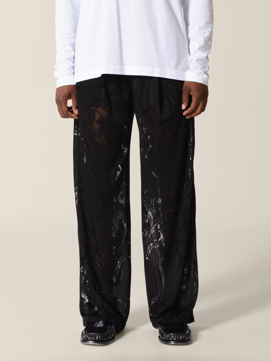Black Elasticated Belt Devoured Marble Wide-Leg Trousers