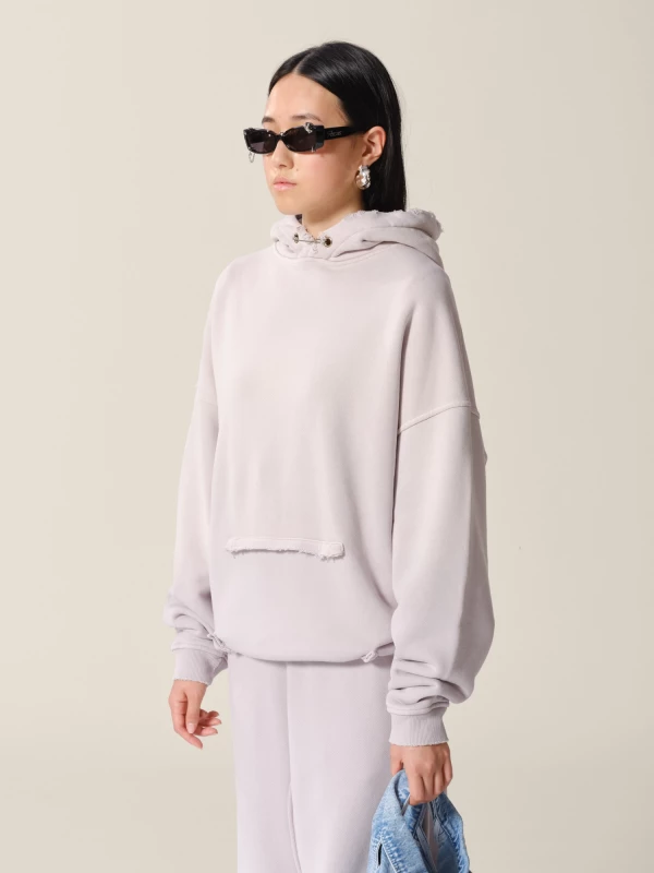 Felpa con cappuccio Grigio Chiaro in cotone effetto sbiadito 2