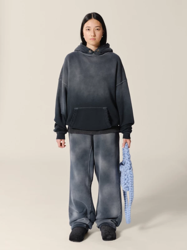 Felpa con cappuccio Nera in cotone effetto sbiadito con strappi 2