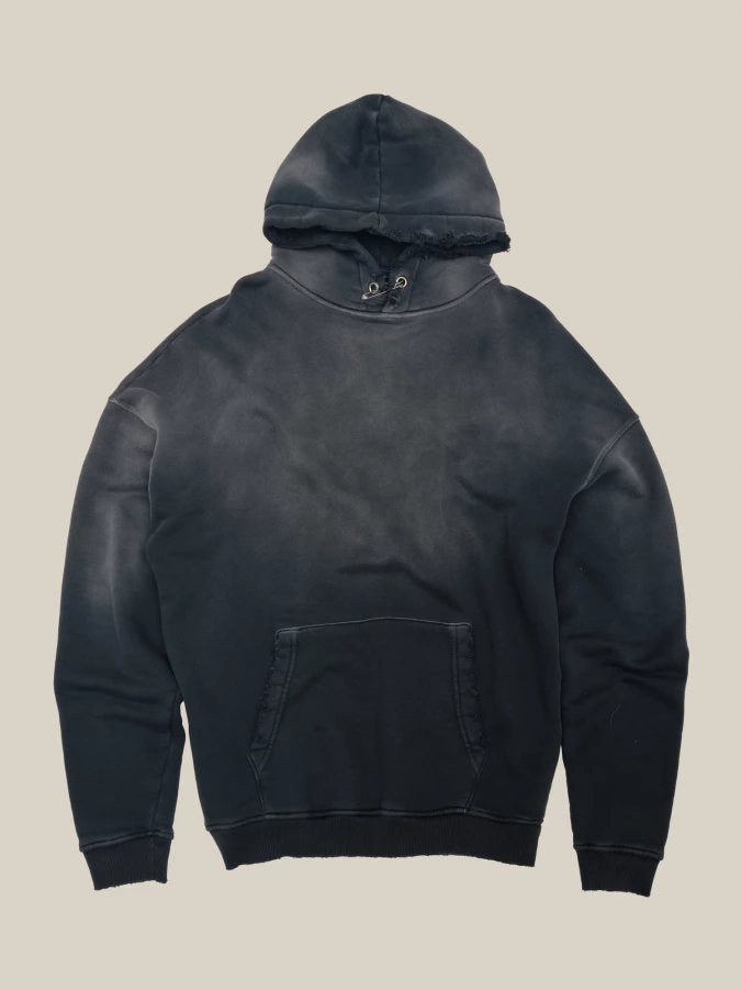 Black Sun Bleached and Ripped Relaxed Fit Heavy Cotton Hoodie