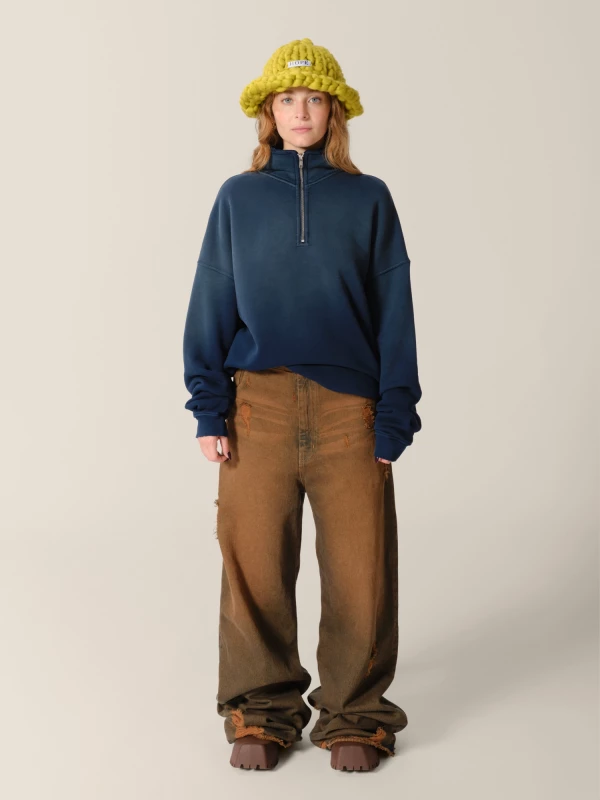 Felpa con zip Blu Scuro in Cotone effetto sbiadito con strappi 2