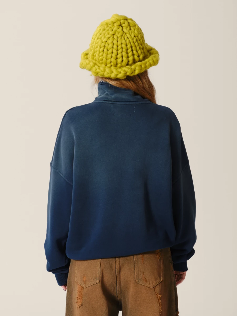 Felpa con zip Blu Scuro in Cotone effetto sbiadito con strappi