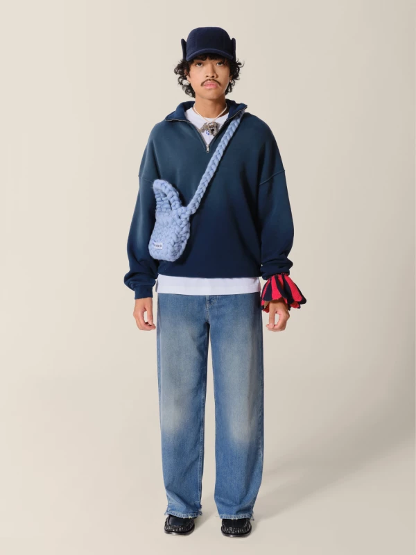 Navy Sun Bleached and Ripped Realxed Fit Heavy Cotton Zip-Up