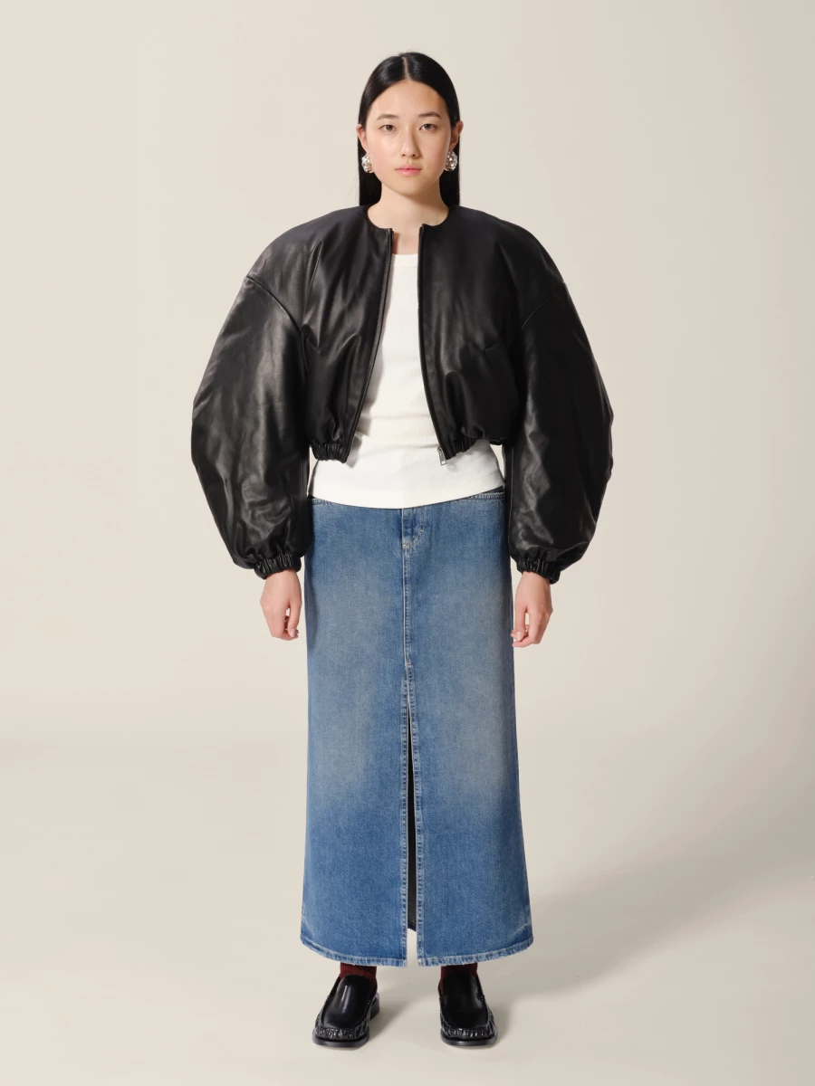 Black Padded Crop Leather Bomber with contrast lining