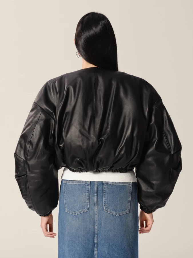 Black Padded Crop Leather Bomber with contrast lining