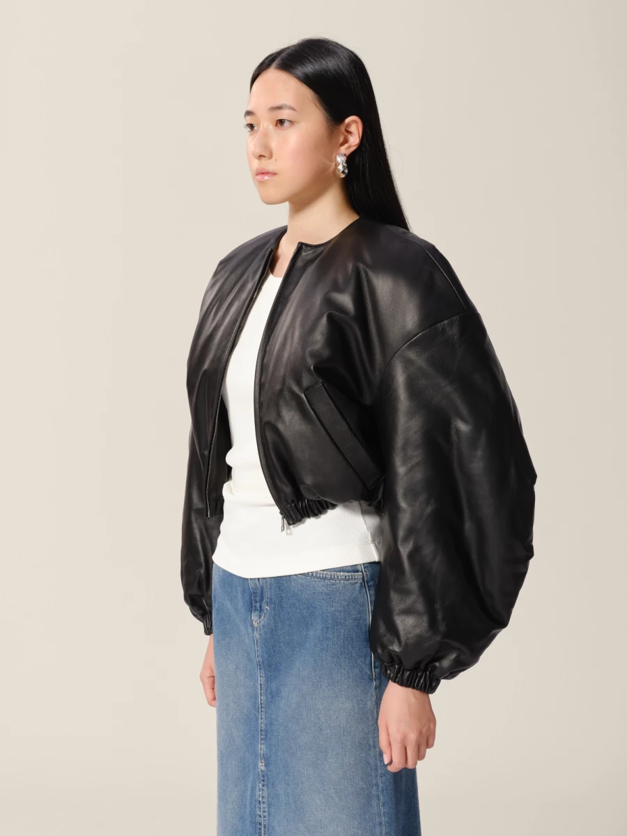 Black Padded Crop Leather Bomber with contrast lining