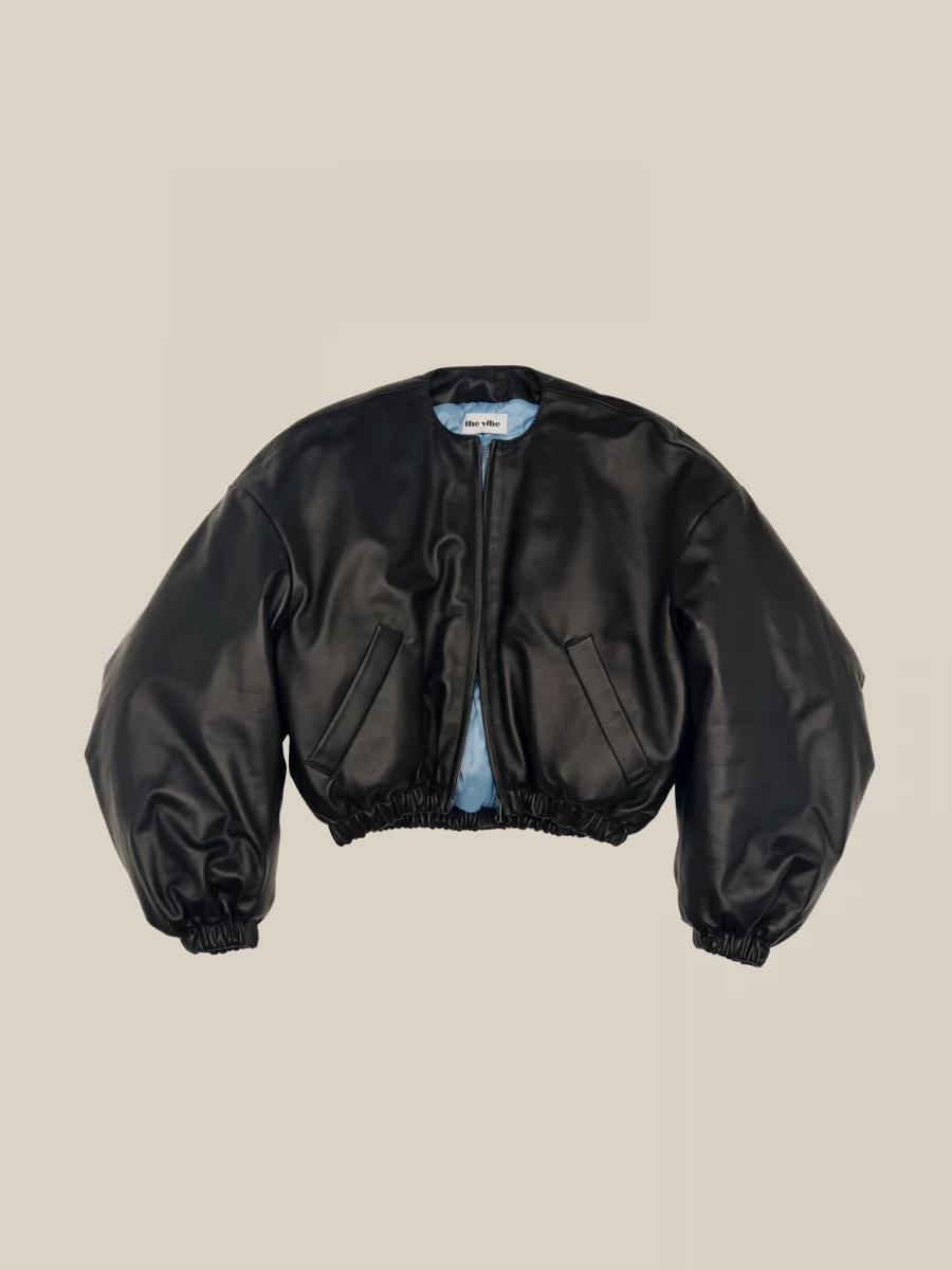 Black Padded Crop Leather Bomber with contrast lining