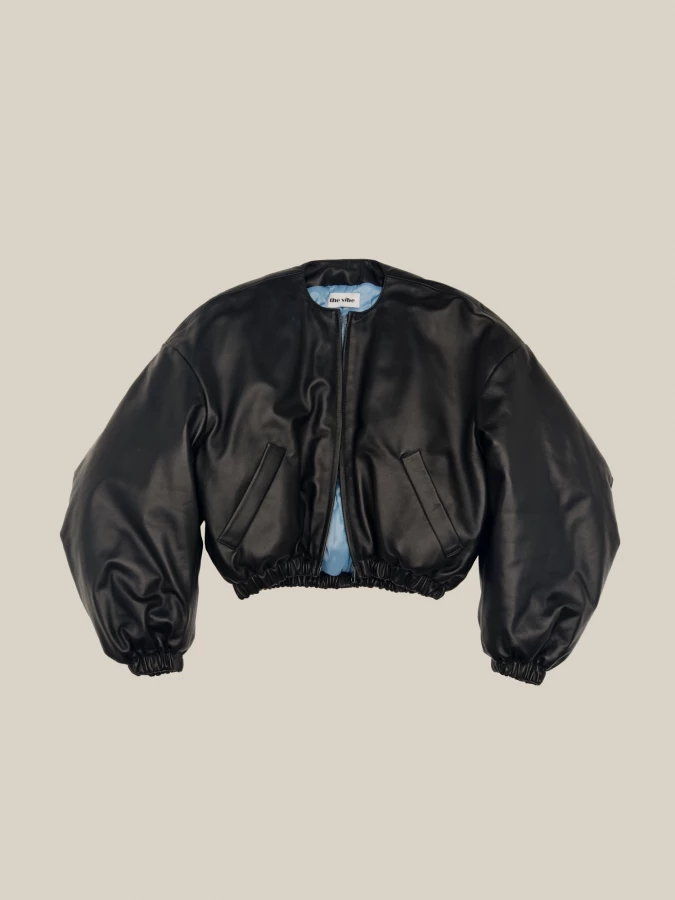 Black Padded Crop Leather Bomber with contrast lining