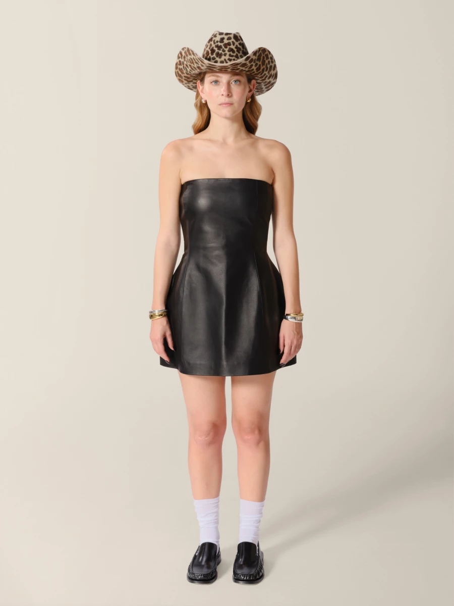 Black Off-Shouldesr Leather Minidress