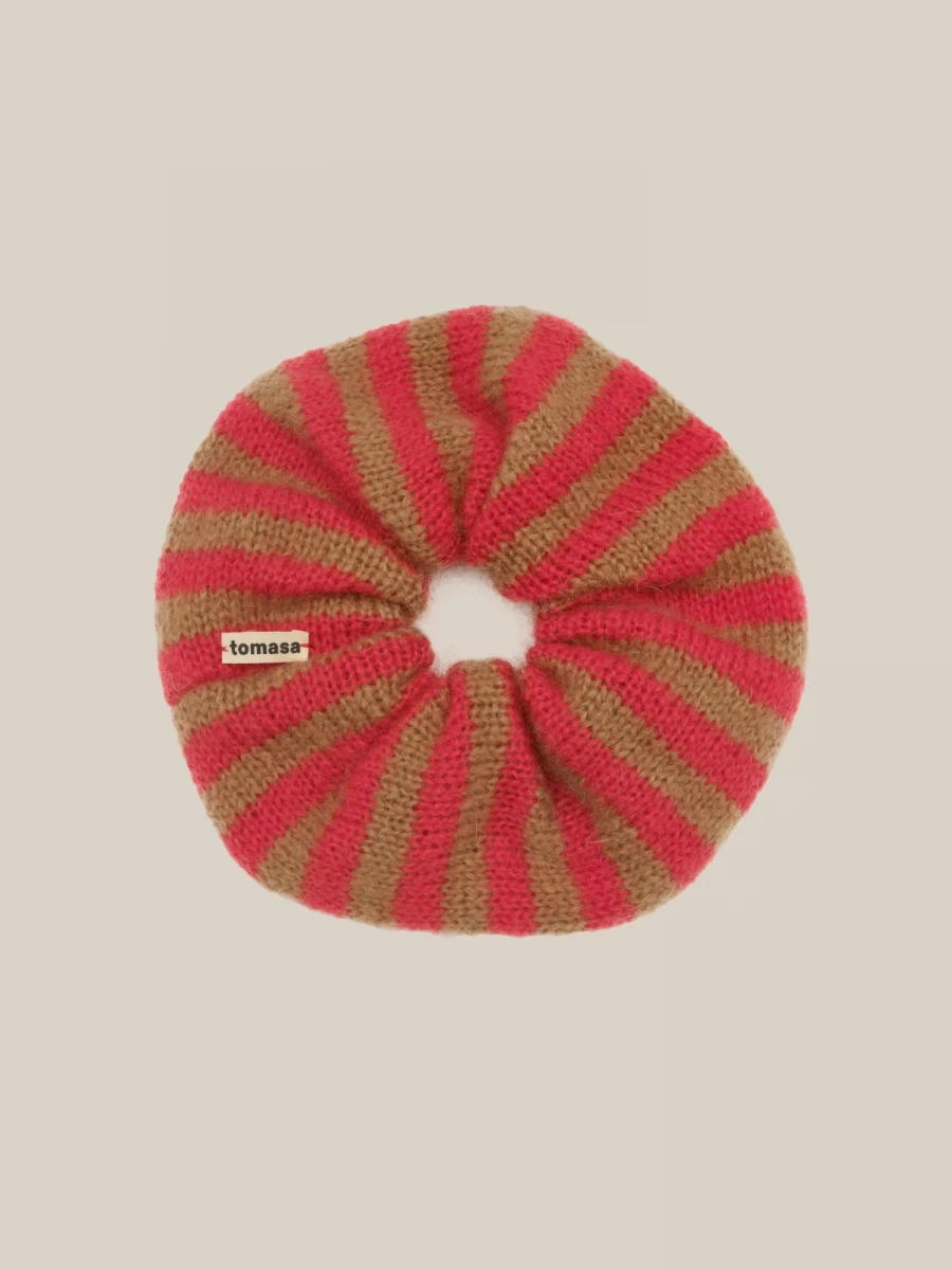 Light Brown and Red Striped Pattern Oversized Mohair Scrunchie