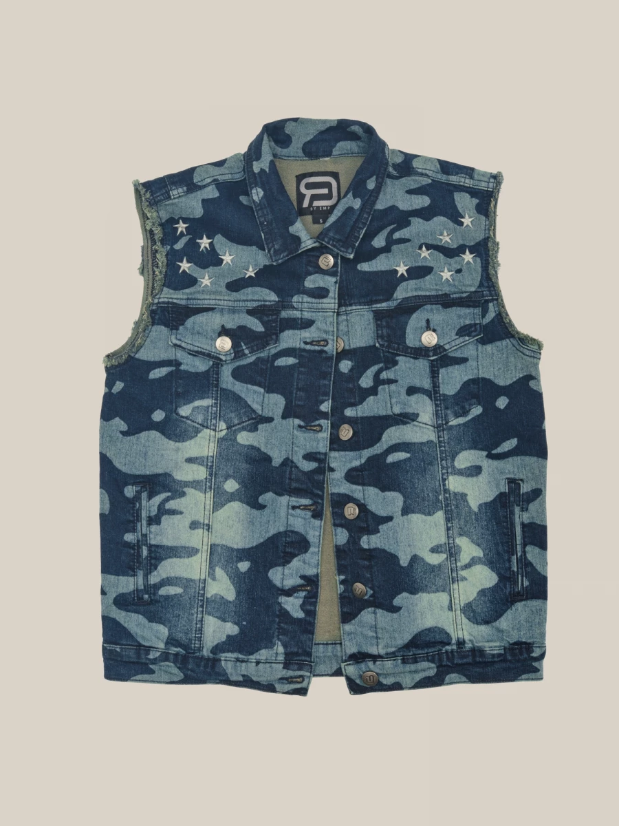 Blue Camo Stars Detailed Vintage Denim Vest